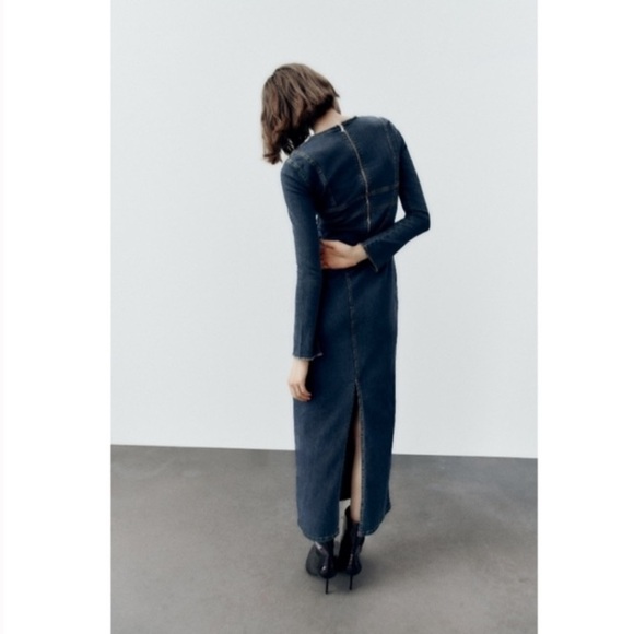 Zara denim midi maxi dress 3/4 sleeve Back Zip Stretch 7227/283 - Picture 3 of 11